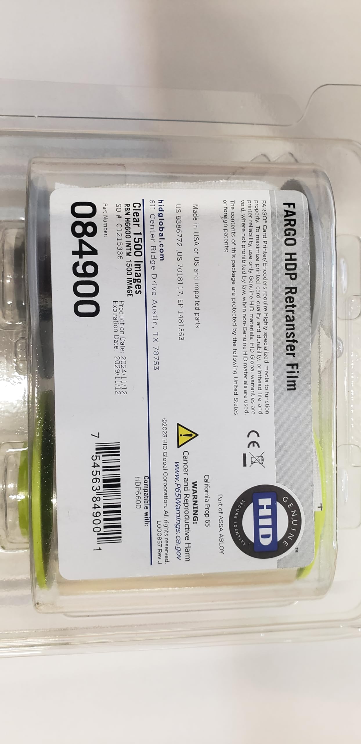 HID FARGO 84900 Standard Clear Film, 1500-Print