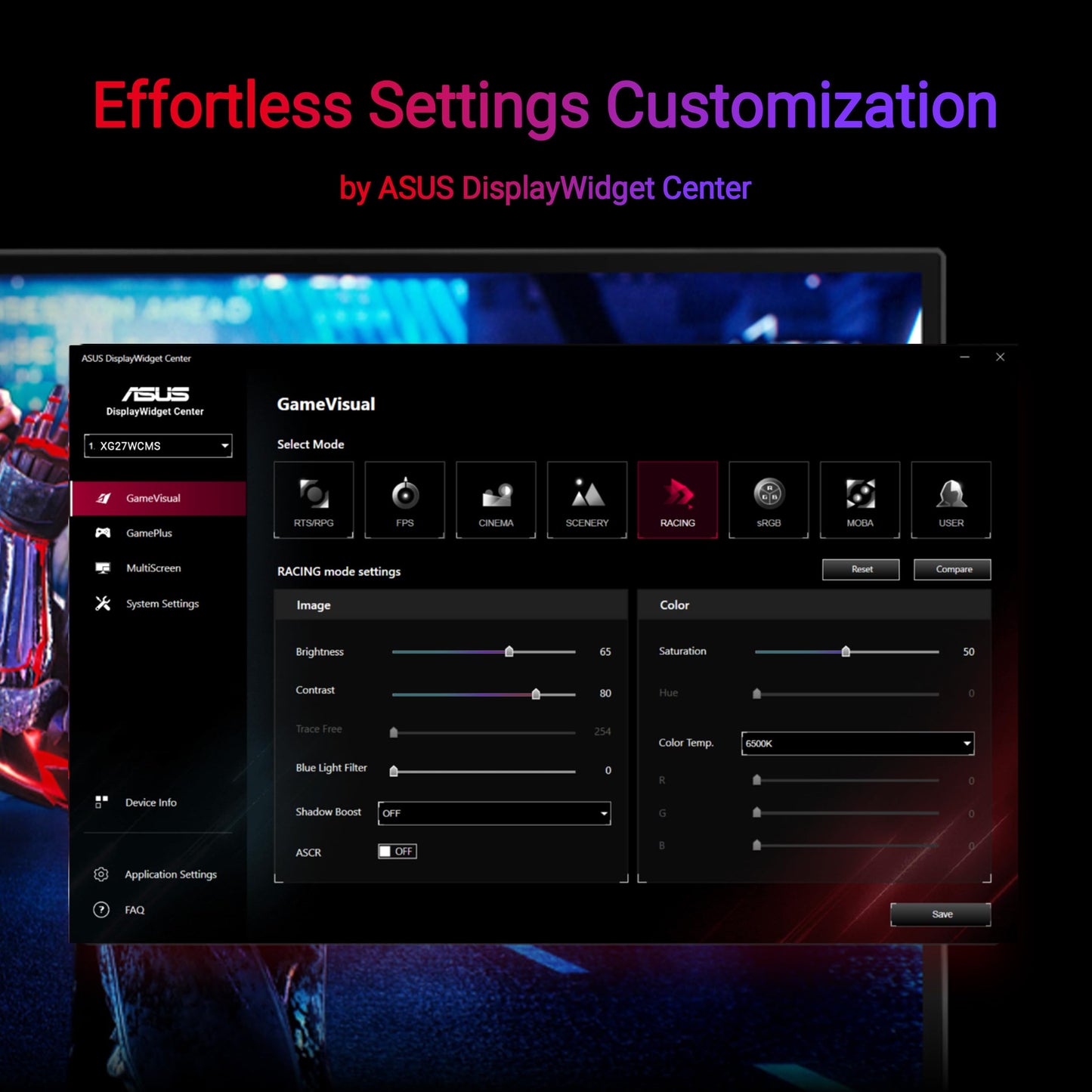 ASUS ROG Strix 27” 1440P USB-C Curved HDR Gaming Monitor (XG27WCMS) - QHD, 280Hz, 1ms, Fast VA, Extreme Low Motion Blur Sync, FreeSync Premium, DisplayWidget, Tripod Socket, AI Gaming, 3yr Warranty