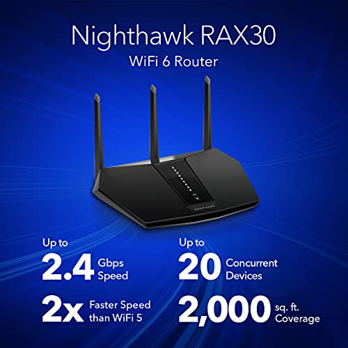 NETGEAR Nighthawk 5-Stream WiFi 6 Router (RAX30) – AX2400 Wireless Speed (Up to 2.4 Gbps) | Up to 2,000 sq. ft. Coverage and 20 Devices