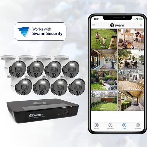 SWANN 1080P Video 8 Channel DVR Security Camera System, 1TB Hard Drive, 4 Indoor/Outdoor Cameras with Audio, Wired CCTV Home Surveillance, Color Night Vision, SwannForce LED Lights & Sirens, 846804SL