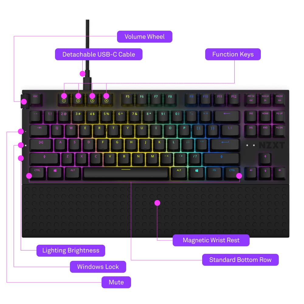 NZXT USB Function TKL – Tenkeyless Gaming Keyboard – Gateron Red Mechanical Switches: Linear, Fast, and Quiet – Hot-Swappable – RGB Backlit – Aluminum Top Plate – Wrist Rest – Black