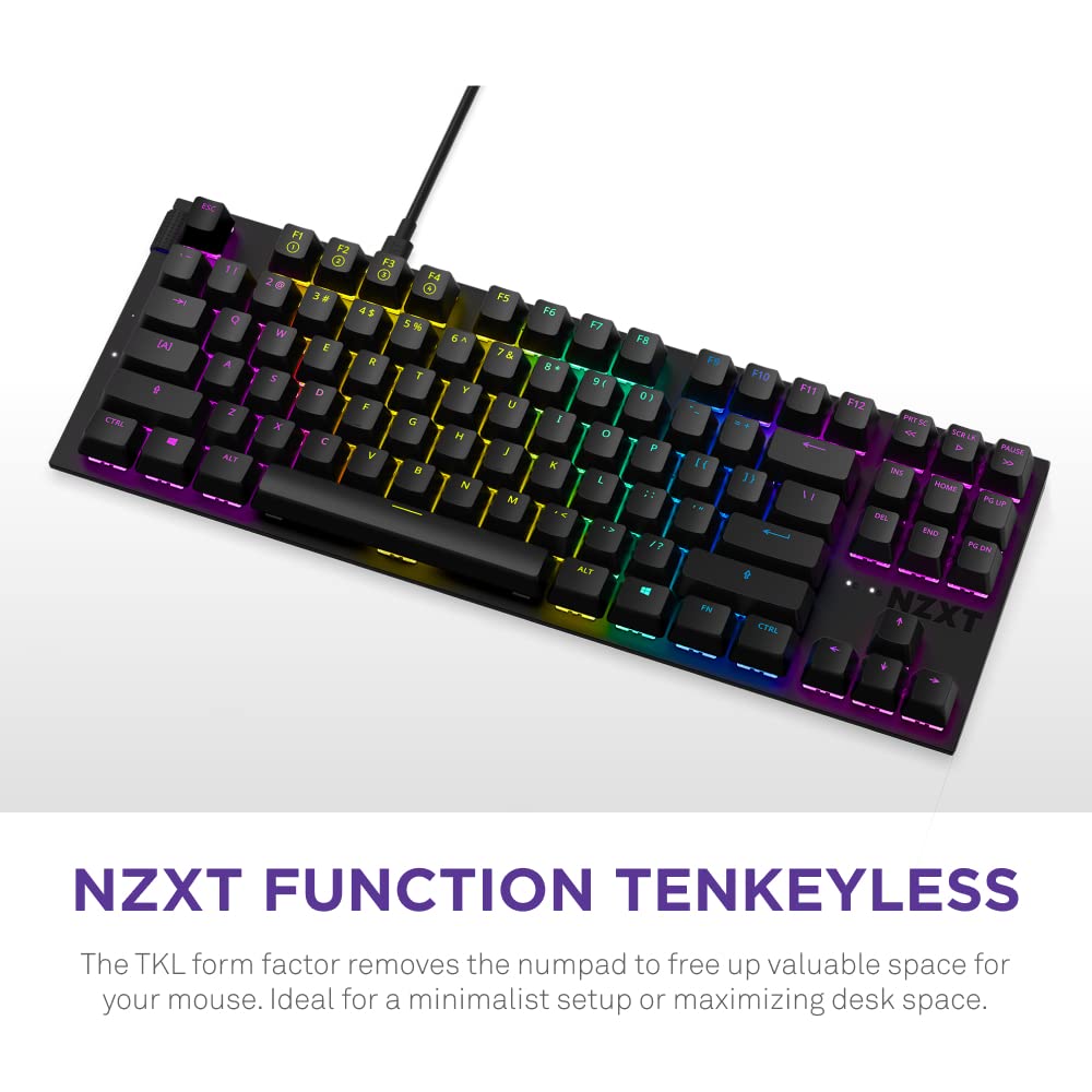 NZXT USB Function TKL – Tenkeyless Gaming Keyboard – Gateron Red Mechanical Switches: Linear, Fast, and Quiet – Hot-Swappable – RGB Backlit – Aluminum Top Plate – Wrist Rest – Black