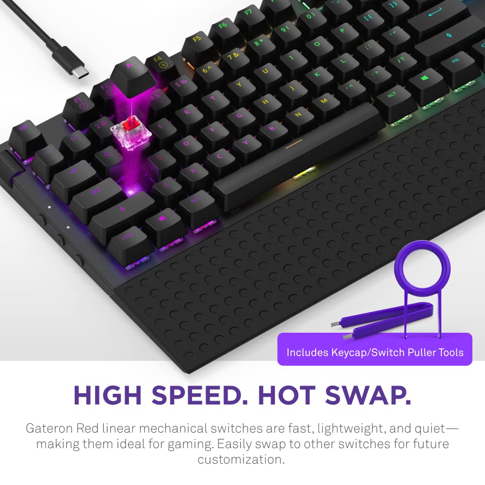 NZXT USB Function TKL – Tenkeyless Gaming Keyboard – Gateron Red Mechanical Switches: Linear, Fast, and Quiet – Hot-Swappable – RGB Backlit – Aluminum Top Plate – Wrist Rest – Black