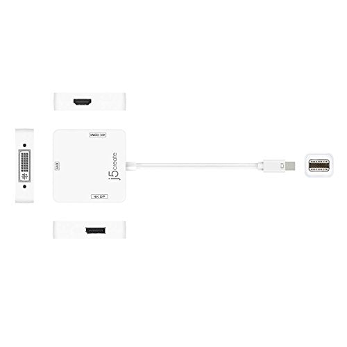 j5create Mini DisplayPort to 4k DisplayPort/4K HDMI/DVI Adapter | DisplayPort Male Connector | 3 in 1 Display Adapter | Compatible with Mac OS, Surface Pro (White)
