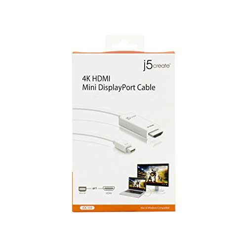 j5create Mini DisplayPort to 4K HDMI Cable- Supports up to 4K x 2k @ 30Hz & 3D Video formats Over HDMI | 6 FT (White) Adapter | Compatible with Windows, Mac, Laptops, etc