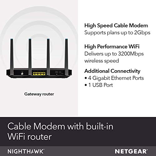 NETGEAR Nighthawk Cable Modem WiFi Router Combo (C7800) - Compatible with Cable Providers Including Xfinity by Comcast, Cox, Spectrum | Cable Plans Up to 2 Gigabits | AC3200 WiFi Speed | DOCSIS 3.1