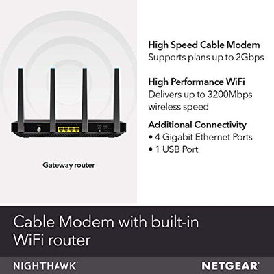 NETGEAR Nighthawk Cable Modem WiFi Router Combo (C7800) - Compatible with Cable Providers Including Xfinity by Comcast, Cox, Spectrum | Cable Plans Up to 2 Gigabits | AC3200 WiFi Speed | DOCSIS 3.1