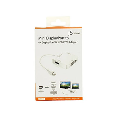 j5create Mini DisplayPort to 4k DisplayPort/4K HDMI/DVI Adapter | DisplayPort Male Connector | 3 in 1 Display Adapter | Compatible with Mac OS, Surface Pro (White)