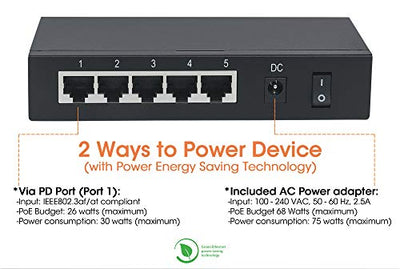 Intellinet 5-Port PoE Passthrough Gigabit Ethernet Switch - with 1 x Gigabit PoE Input, 4 x Gigabit PoE Output, 68W Power Budget via AC Power & 26W Power Budget via PoE PD, 3 Year Warranty - 561082