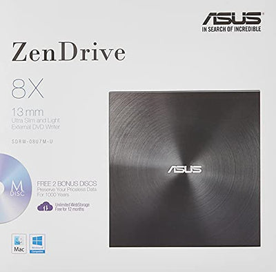 ASUS ZenDrive Ultra Slim USB 2.0 External 8X DVD Optical Drive +/-RW with M-Disc Support for Windows and Mac and Nero BackItUp for Android Devices (SDRW-08U7M-U/BLK/G/AS),Black