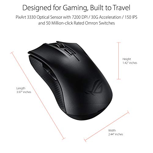 ASUS Portable Wireless Optical Gaming Mouse - ROG Strix Carry | Bluetooth & RF USB - Seamless Connection, No Interference | 7200 DPI | High Level Accuracy | Armoury II | Carry Pouch Included