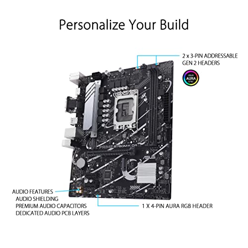 ASUS Prime B760M-K D4 Intel® B760 (LGA 1700)(13th and 12th Gen) mATX Motherboard, PCIe 4.0, Two PCIe 4.0 M.2 Slots, DDR4, Realtek 2.5Gb Ethernet, HDMI®, SATA 6 Gbps, Front USB 3.2 Gen 1, Aura Sync