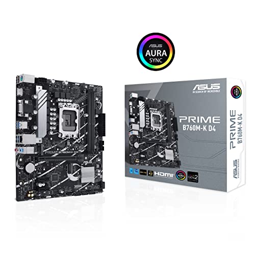 ASUS Prime B760M-K D4 Intel® B760 (LGA 1700)(13th and 12th Gen) mATX Motherboard, PCIe 4.0, Two PCIe 4.0 M.2 Slots, DDR4, Realtek 2.5Gb Ethernet, HDMI®, SATA 6 Gbps, Front USB 3.2 Gen 1, Aura Sync