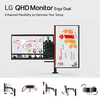 LG 27QP88D-B2 Dual 27” QHD (2560 x 1440) IPS Monitor with Ergo Stand, Daisy Chain via DislayPort, UBS Type-C, Extend/Retract/Swivel/Pivot/Tilt Adjustable