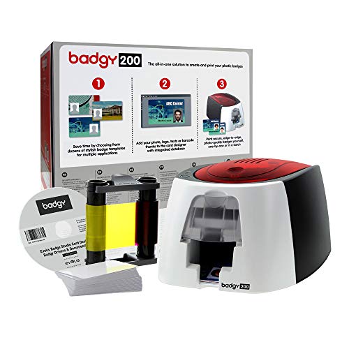 EVOLIS, BADGY200, Card Printing Solution, 1 BADGY200 Printer, Single Sided, 1 Color Ribbon for 100 Prints and 100CT PVC Cards(30MIL) with Badge Studio+ Software