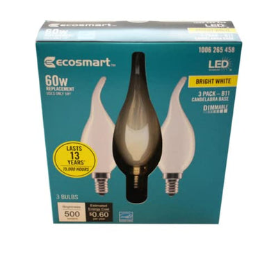 EcoSmart 60-Watt Equivalent B11 Dimmable Flame Bent Tip Frosted Glass Filament LED Vintage Edison Light Bulb Bright White (3-Pack)