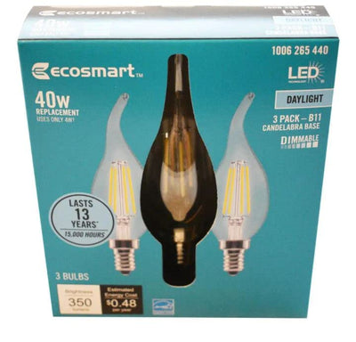 EcoSmart Bulbs 40-Watt Equivalent B11 Dimmable Flame Bent Tip Clear Glass Candelabra LED Vintage Edison Light Bulb Daylight (3-Pack)