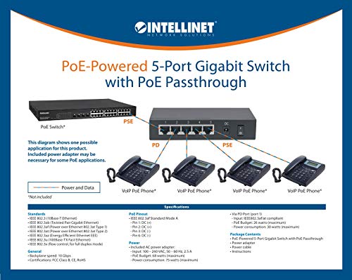 Intellinet 5-Port PoE Passthrough Gigabit Ethernet Switch - with 1 x Gigabit PoE Input, 4 x Gigabit PoE Output, 68W Power Budget via AC Power & 26W Power Budget via PoE PD, 3 Year Warranty - 561082