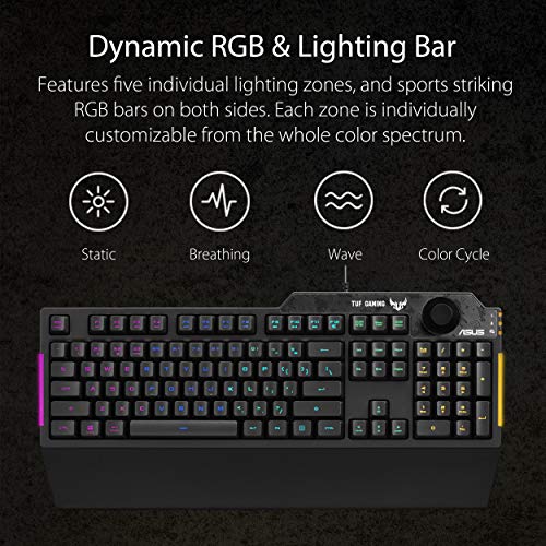 ASUS Membrane Gaming Keyboard for PC - TUF K1 | Programmable, Onboard Memory | Dedicated Volume Knob, Aura Sync RGB & Side Lighting | Detachable Wrist Rest | Spill-Resistant | Highly Durable | Black