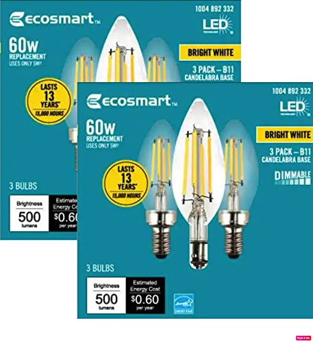EcoSmart 60-Watt Equivalent B11 Dimmable Energy Star Clear Glass Filament LED Vintage Edison Light Bulb Bright White (6-Pack)