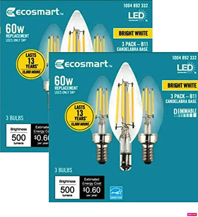 EcoSmart 60-Watt Equivalent B11 Dimmable Energy Star Clear Glass Filament LED Vintage Edison Light Bulb Bright White (6-Pack)